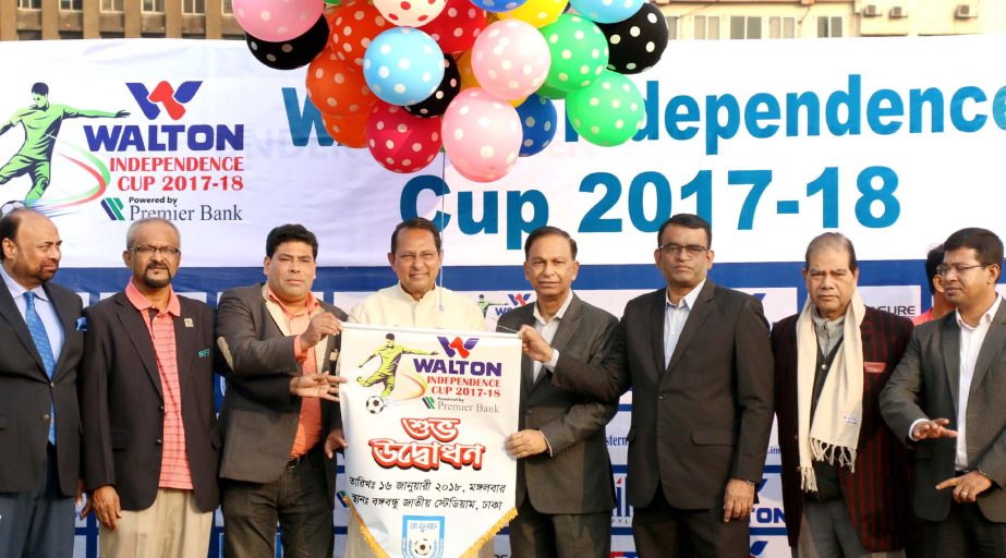 Minister for Information Hasanul Haq Inu inaugurating the Walton Independence Cup Football by releasing the balloons as the chief guest at the Bangabandhu National Stadium on Tuesday.