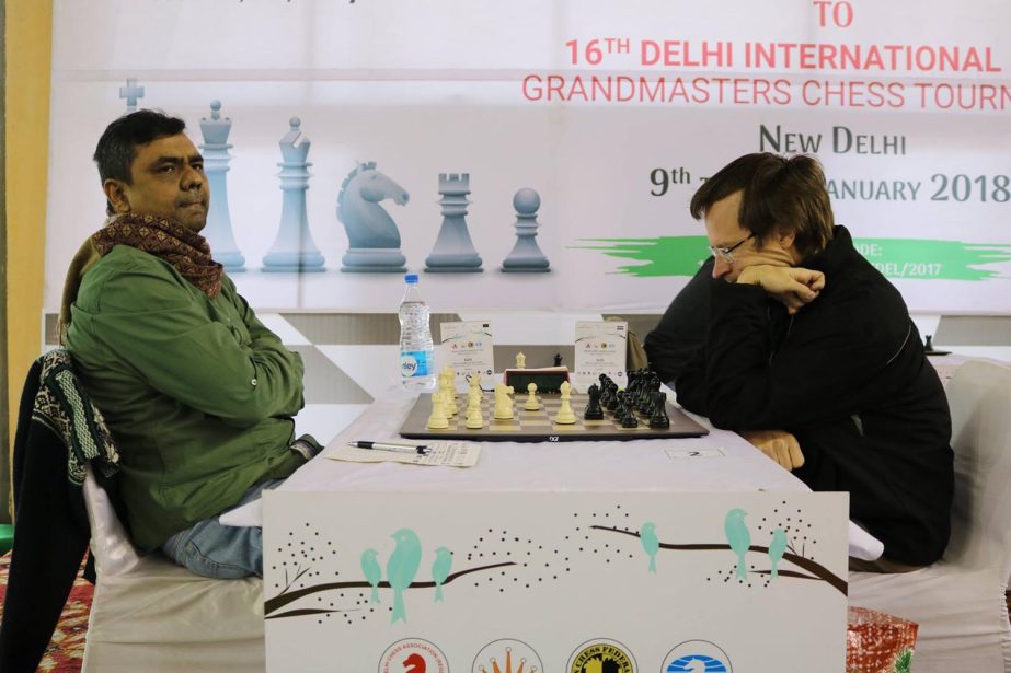 Grand Master Ziaur Rahman (left) of Saif Sporting Club in action against Grand Master Karthikeyan Murali of India in the last round match of the 16th Delhi Open International Rating Chess Tournament at New Delhi in India on Tuesday.