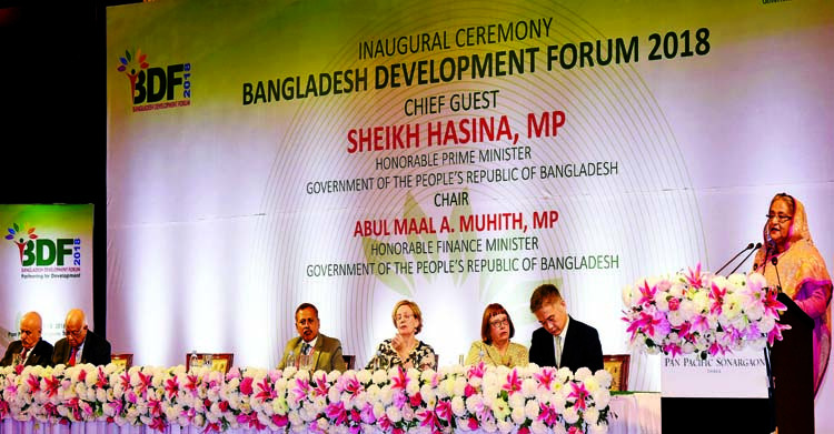 Prime Minister Sheikh Hasina addressing the inaugural ceremony of Bangladesh Development Forum (BDF)-2018 as Chief Guest at Pan Pacific Sonargaon Hotel yesterday morning. Photo BSS