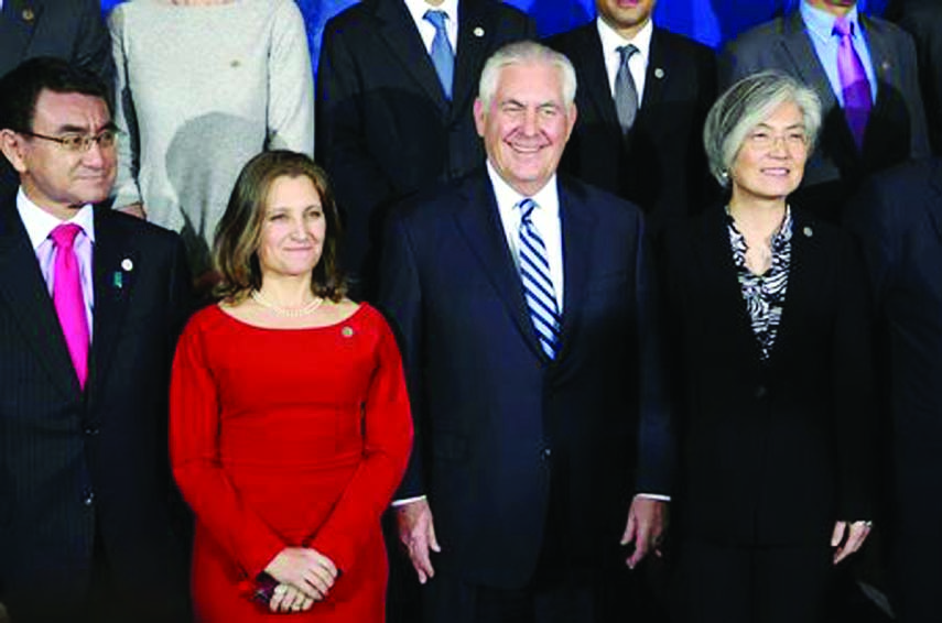 Japan's Minister of Foreign Affairs Taro Kono, Canada's Minister of Foreign Affairs Chrystia Freeland, US Secretary of State Rex Tillerson and South Korean Minister of Foreign Affairs Kang Kyung-wha pose for a photo during the Foreign Ministers' Meetin