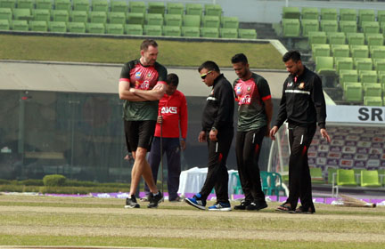 Members of Bangladesh National Cricket team during their practice session at the Sher-e-Bangla National Cricket Stadium in the city's Mirpur on Thursday.