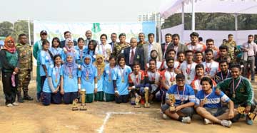 The winners of the Inter-Department Badminton Competition & Inter-Department Volleyball Competition of Bangladesh University of Professionals (BUP) with the chief guest Acting Vice-Chancellor of BUP Professor Dr M Abul Kashem Mazumder and the teachers of