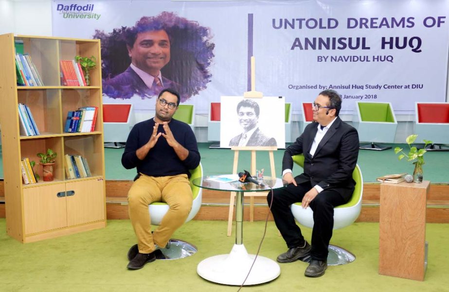 Navidul Huq, son of Late Annisul Huq and Director, Mohammadi Group speaks at a session on 'Untold Dreams of Annisul Huq by Navidul Huq' organized by 'Annisul Huq Study Center' initiated by Daffodil International University at its city campus recently.
