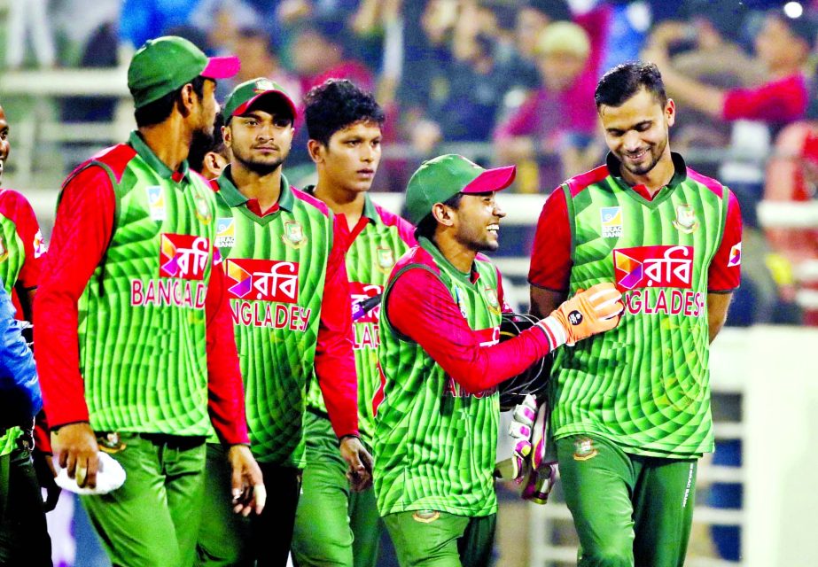 Players of Bangladesh team coming out from the field after beating Sri Lanka in the third match of the Tri-Nation ODI series at the flood-lit Sher-e-Bangla National Cricket Stadium in the city's Mirpur on Friday.
