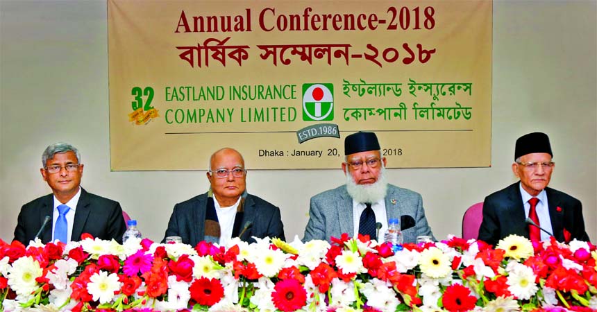 Mahbubur Rahman, Chairman of Eastland Insurance Company Limited, presiding over its AGM at a hotel in the city on Saturday. Arun Kumar Saha, Managing Director, Ghulam Rahman, Executive Vice-Chairman and ASM Quasem, Member, Board of Directors of the compan