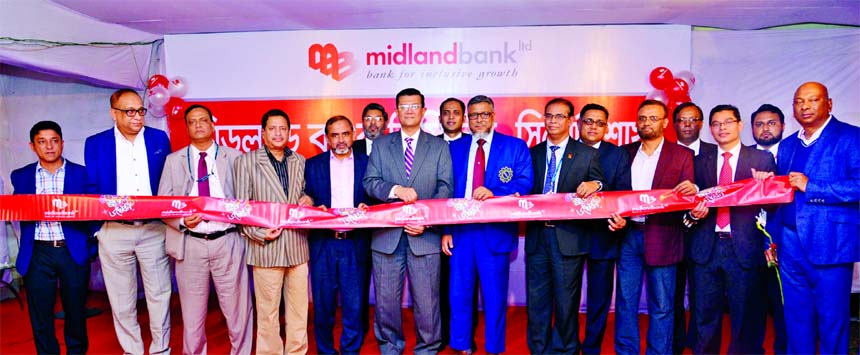 Md. Ahsan-uz Zaman, Managing Director of Midland Bank Limited, inaugurating its Chowhatta Branch at Sylhet Sadar on Thursday. Khandaker Shipar Ahmed, President, Sylhet Chamber and Commerce and Industries, Salauddin Ali Ahmed, Director, FBCCI, Md. Sazzad H