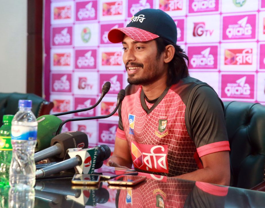 Anamul Haque Bijoy of Bangladesh National Cricket team speaking at the Media Conference Room in the Sher-e-Bangla National Cricket Stadium in the city's Mirpur on Sunday.