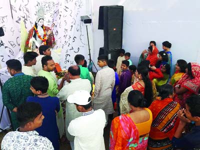 SIRAJDIKHAN(Munshiganj): People of Hindu Community observing Saraswati Puja at Sontoshpara Mandir in Sirajdikhan Upazila yesterday.