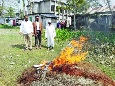 BETAGI(Barguna): Mobile court led by UNO Md Rajib Ahsan burning illegal current nets seized from Bishkhali River at Kaliya Union during a joint drive by DC Office and Fisheries Department on Wednesday.