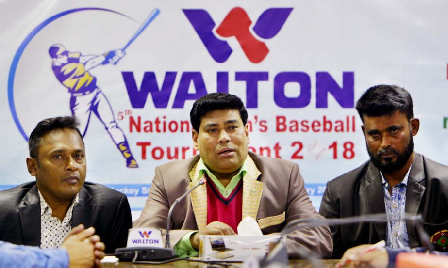 Operative Director (Head of Sports & Welfare Department) of Walton Group FM Iqbal Bin Anwar Dawn speaking at the press conference at the conference room in the Moulana Bhashani National Hockey Stadium on Thursday.