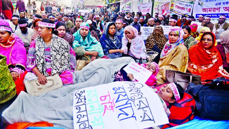 Several fell ill as non-government primary school teachers continued their hunger strike for 13th consecutive day on Thursday. This photo was taken from Jatiya Press Club.