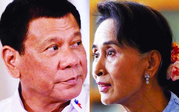 Combination of Reuters file photos show Philippine President Rodrigo Duterte and Myanmar leader Aung San Suu Kyi.