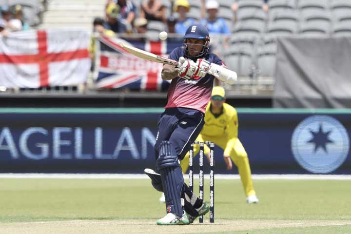 England's Alex Hales plays a shot from Australia's Adam Zampa during their One Day International cricket match in Perth, Australia on Sunday.