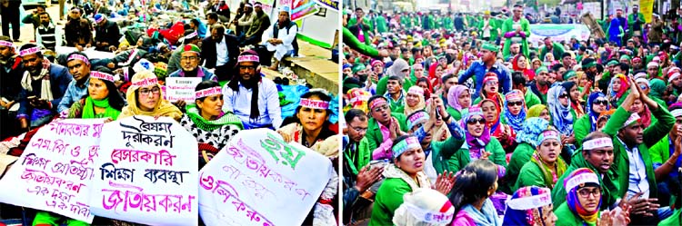 MPO-listed school teachers (left) continue hunger strike for 14th day and (right) Community Health Care Providers (CHCP) now occupying the major portion of both sides of main street in front of Jatiya Press Club for the 2nd day strike on Sunday for nation