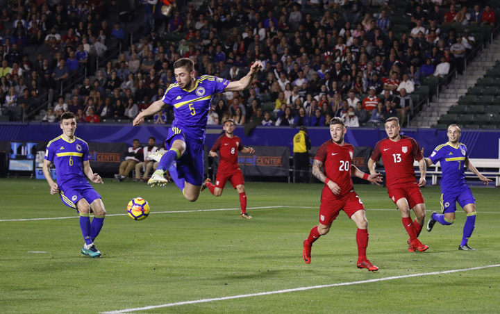 Bosnia and Herzegovina defender Marko Mihojevic(5) kicks the ball away during the second half of an international friendly soccer match against the United States Sunday in Carson, Calif. The game ended in a 0-0 draw.