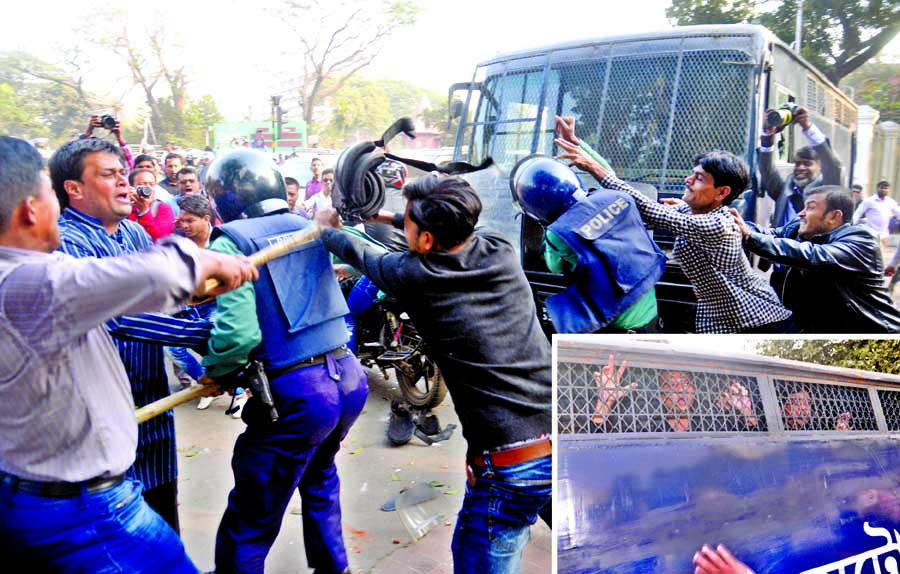 A section of BNP activists attacked the policemen and vandalised a prison van which was carrying arrested partymen near the High Court in Dhaka on Tuesday afternoon.