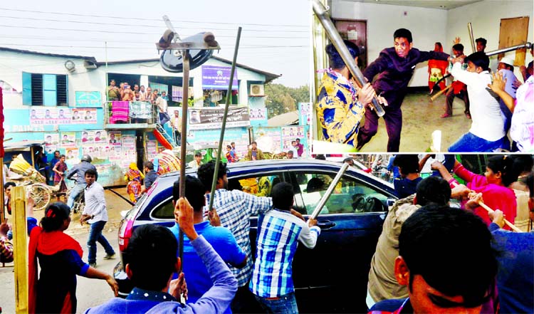 Ashiana RMG factory workers vandalizing cars, assaulting BGMEA official (inset) during their demonstration, demanding arrears in front of BGMEA Bhaban in city's Rampura office on Wednesday.