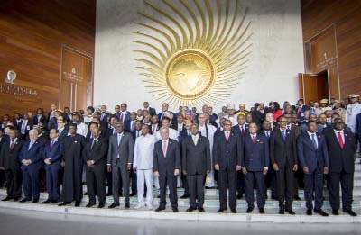 Heads of state pose for a group photograph during the opening ceremony of the African Union summit in Addis Ababa, Ethiopia on Sunday.