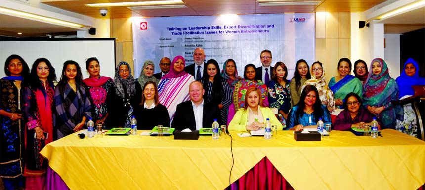 Peter Gauthier, Coordinator of USID, Bangladesh, poses with the participants of a training programme on 'Leadership Skills, Export Diversifications and Trade Facilitation Issues' for Women Entrepreneurs organized by USAID-BTFA in association with Dhaka