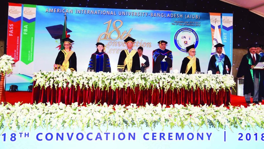 Education Minister Nurul Islam Nahid along with other distinguished persons at the 18th convocation ceremony of American International University Bangladesh (AIUB) on its own campus in the city's Kuril on Saturday.