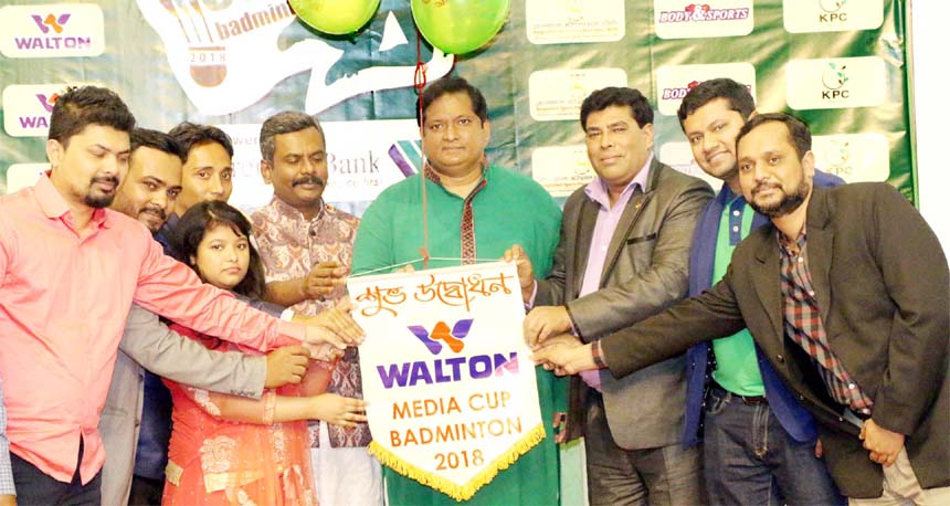 Chairman of the Parliamentary Standing Committee on the Ministry of Youth and Sports Zahid Ahsan Russel inaugurating the Walton Media Cup Badminton Competition by releasing the balloons as the chief guest at the Shaheed Tajuddin Ahmed Indoor Stadium on Sa