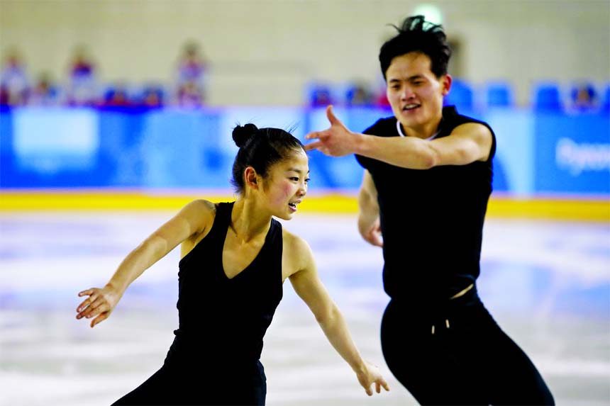 North Korea's Ryom Tae Ok (left) and Kim Ju Sik perform during a Pairs Figure Skating training session prior to the 2018 Winter Olympics in Gangneung, South Korea on Saturday.