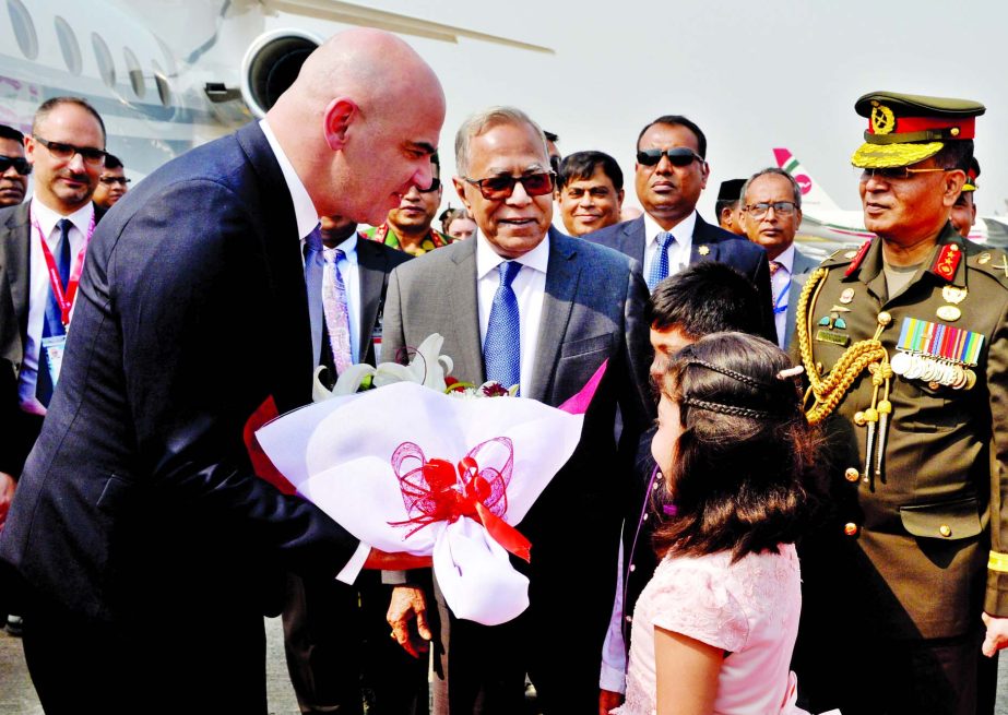 Swiss President Alain Berset being welcomed by President Abdul Hamid on his arrival at HSIA on Sunday.