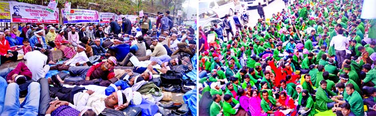 Bangladesh private school teachers (left) and Community Health Service Providers (CHSPs) continue their hunger strikes, occupying major portion of areas in front of Jatiya Press Club, both demanding nationalisation of their services. This photo was taken