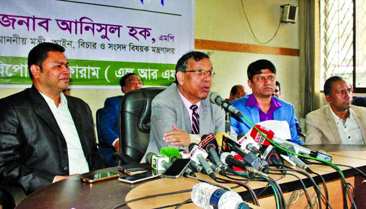 Law, Justice and Parliament Affairs Minister Anisul Haque speaking at 'Meet The Press' organised by Law Reporters' Forum in DRU auditorium on Tuesday.