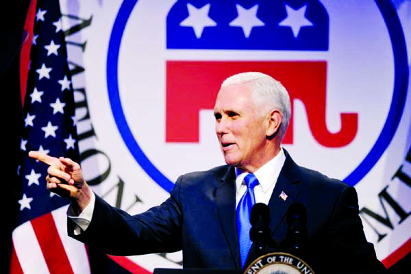 U.S. Vice President Mike Pence addresses the Republican National Committee Winter Meeting in Washington on Thursday.