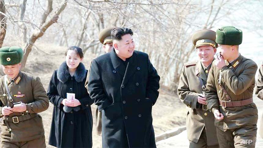 Photo shows leader Kim Jong-Un with his sister Kim Yo-Jong touring a military unit.