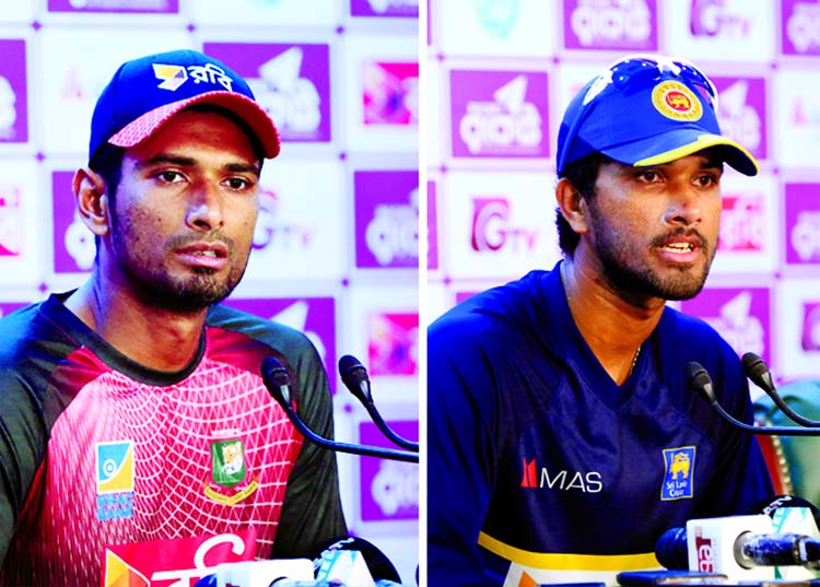 Captain of Bangladesh team Mahmudullah Riyad (left) and Captain of Sri Lanka team Dinesh Chandimal speaking at their respective press conferences at the Conference Room of the Sher-e-Bangla National Cricket Stadium in the city's Mirpur on Wednesday.