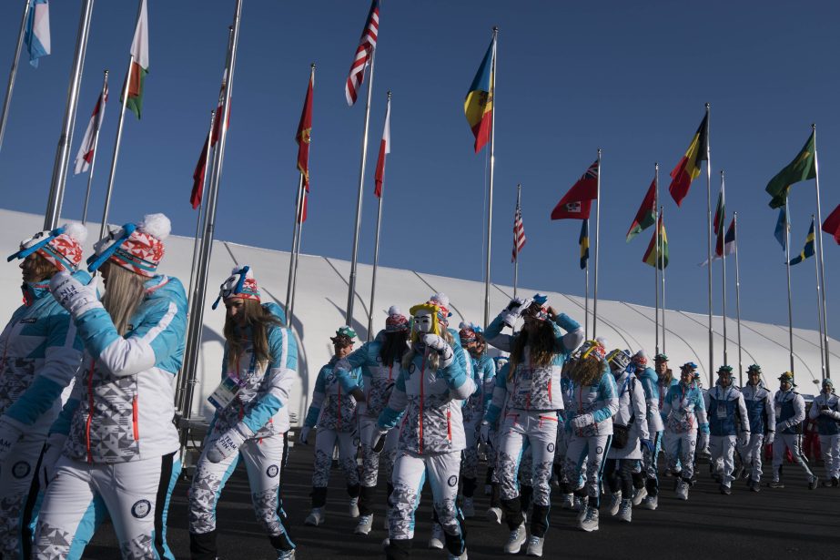 Members of the Finland Olympic Team gather during a welcome ceremony inside the Gangneung Olympic Village prior to the 2018 Winter Olympics in Gangneung, South Korea on Wednesday.