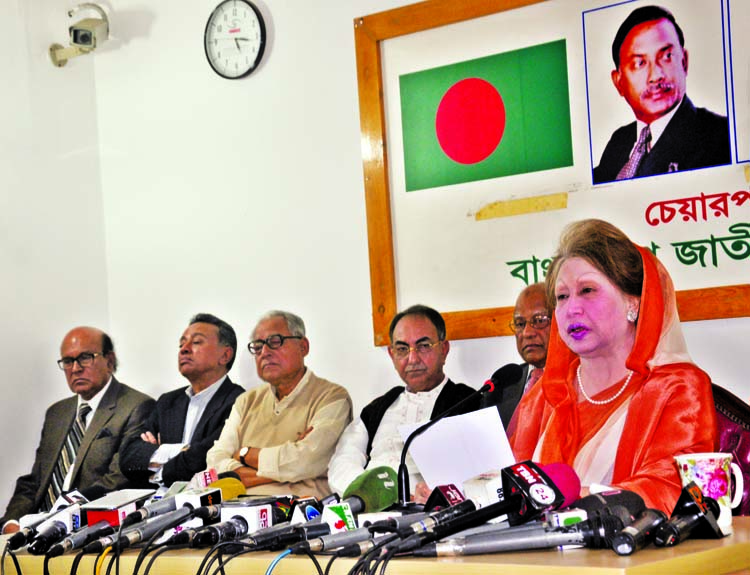 BNP Chairperson Begum Khaleda Zia addressing a Press Conference at her Gulshan office on Wednesday ahead of verdict in Zia Orphanage case today.