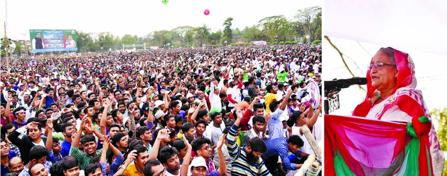 Prime Minister and also Awami League President Sheikh Hasina addressing a public rally organised by AL at Barisal Bangabandhu Udyan on Thursday. BSS photo