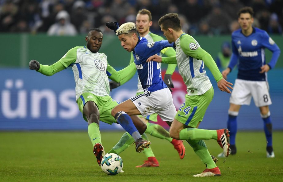Schalke's Amine Harit pushes forward during the German soccer cup quarterfinal match between FC Schalke 04 and VfL Wolfsburg at the Arena in Gelsenkirchen, Germany on Wednesday. Schalke reached the semifinal after winning the match 1-0.