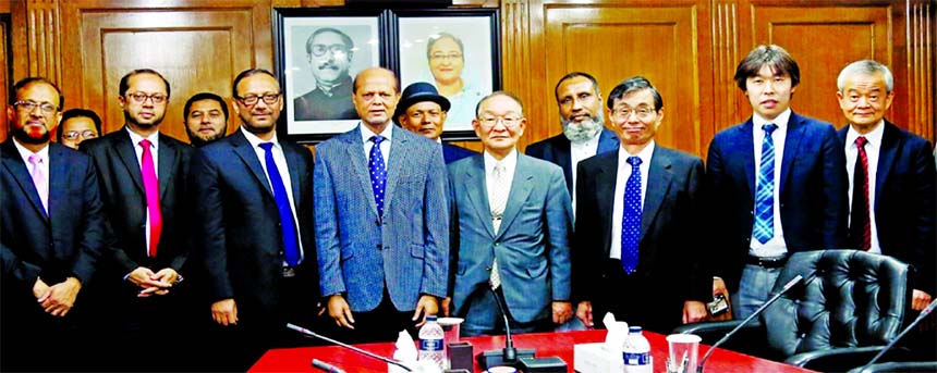 Md. Abdul Hamid Miah, Managing Director of Islami Bank Bangladesh Limited, poses with a delegation of Japanese company Sadoshima Corporation, joint investment partner of Jalalabad Metal Limited, financed by the bank at its head office in the city recently