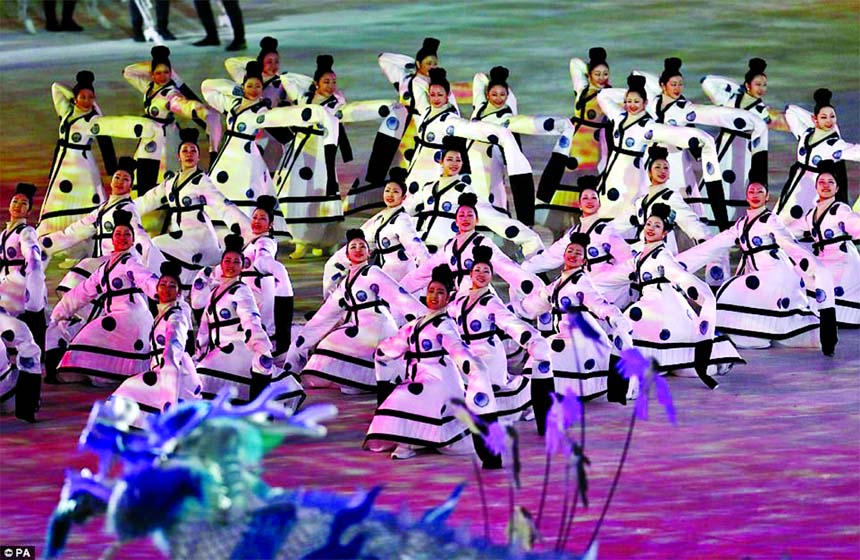 Alongside the huge puppets were spectacular light displays and thousands of dancers wearing traditional Korean costumes during the opening ceremony of the 2018 Winter Olympics on Friday.