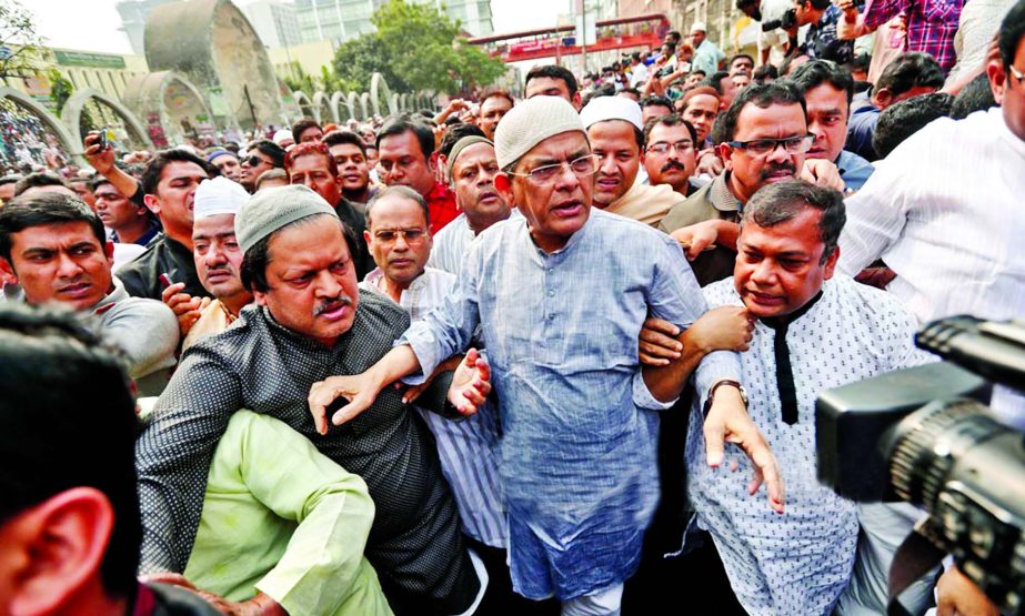 BNP leaders and activists led by Party Secretary General Mirza Fakhrul Islam stage demonstration in front of Baitul Mukarram Mosque in the city yesterday after Juma prayers protesting the verdict in Zia Orphanage Trust Graft Case that jailed Begum Khaleda