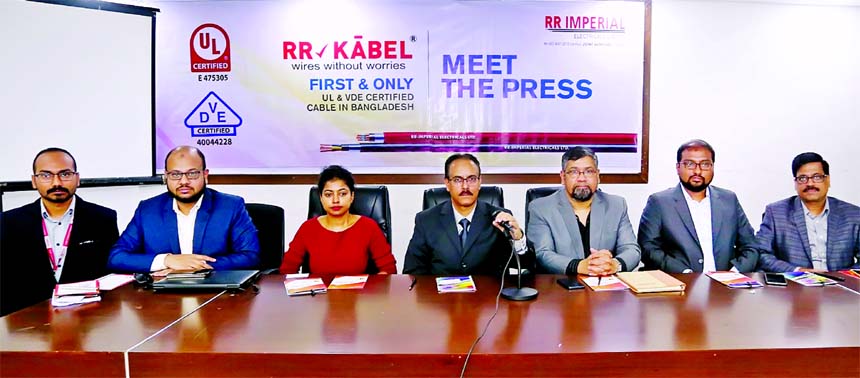 Mahbub Hossain Mridah, CEO of RR-Imperial Electricals Limited, addressing at a press conference at Jatiya Press Club on Saturday. RR Cable achieved USA's highest standardization UL as well as German based VDE certifications recently. Shilpa Ashwathnaraya