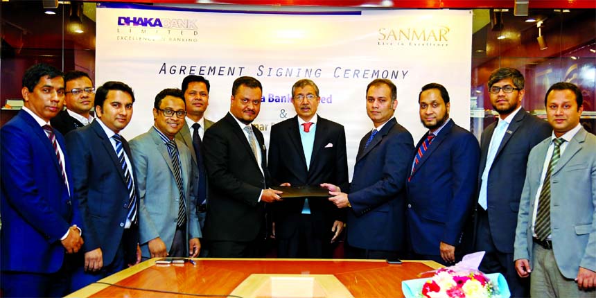 Md. Shafquat Hossain, Head of Retail Banking of Dhaka Bank Limited and Mohammad Mahbubur Rahman, Head of Operations of Sanmar Properties Limited, exchanging a MoU signing documents at the housing company head office in the city recently. Under the deal,