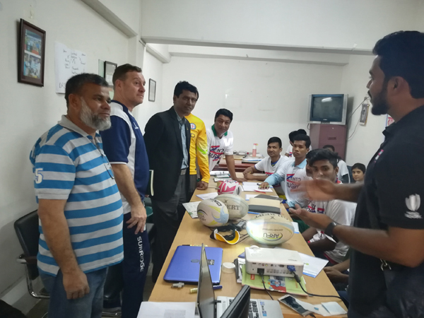 A scene from the Rugby Level One Coaches' Course held at the office room of Bangladesh Rugby Union in Bangabandhu National Stadium on Sunday.