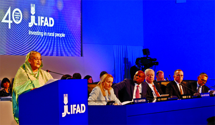 Prime Minister Sheikh Hasina addressing the opening ceremony of 41st session of IFAD meeting in Rome as key speaker on Tuesday.