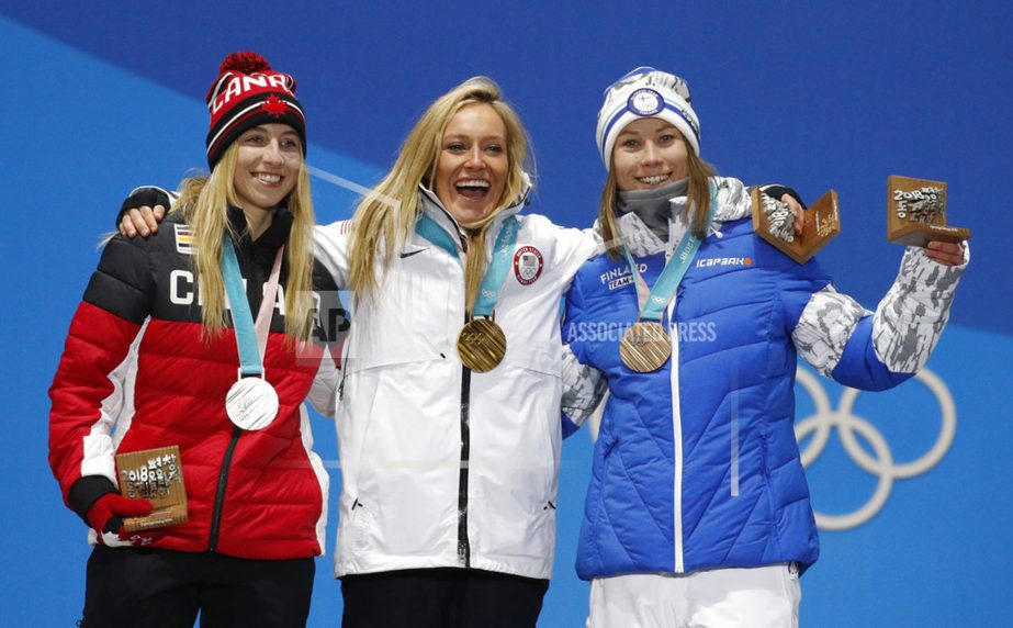 Women's slopestyle medalists (from left) Canada's LaurieÂ Blouin (silver) United States' JamieÂ Anderson (gold) and Finland's EnniÂ Rukajarvi (bronze) pose during their medals ceremony at the 2018 Winter Olympics in Pyeongchang, South Korea on M