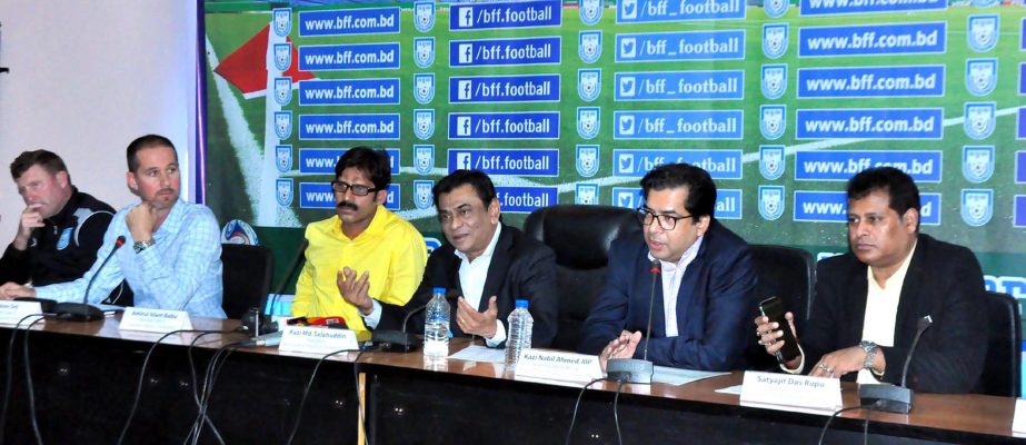 President of Bangladesh Football Federation (BFF) Kazi Salahuddin speaking at a press conference at the conference room in BFF House on Tuesday.