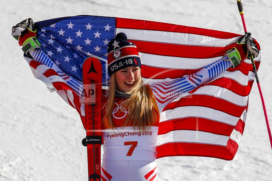 Mikaela Shiffrin of the United States celebrates her gold medal during the venue ceremony at the Women's Giant Slalom at the 2018 Winter Olympics in Pyeongchang, South Korea on Thursday.