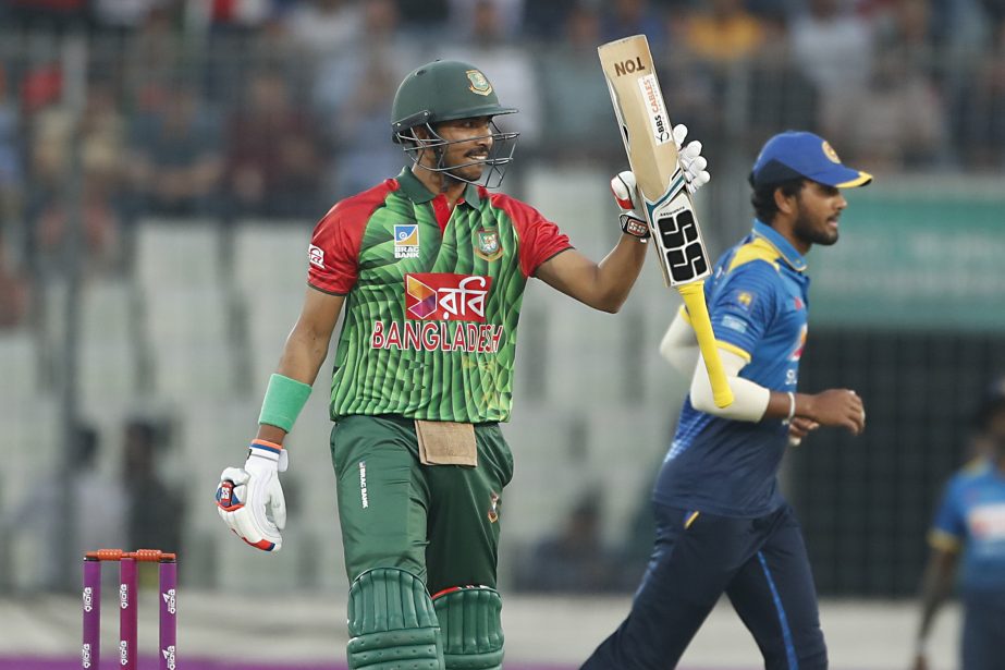 Soumya Sarkar celebrating his maiden T20I half century during the first T20I Cricket match between Bangladesh and Sri Lanka at the Sher-e-Bangla National Cricket Stadium in the city's Mirpur on Thursday.