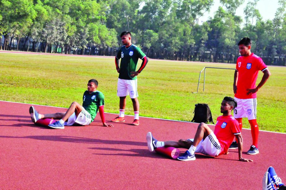 Members of Bangladesh National Football team during their practice session at the BKSP Ground in Savar on Friday.