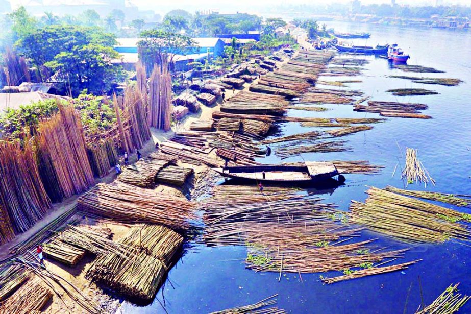 Sitalakkhya River waters are being polluted and stinky as bamboo trading goes on unabated near N'ganj Sultana Kamal Bridge. But the authorities concerned keep an eye shut to look into the matter. This photo was taken on Saturday.