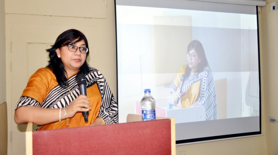 Prof Dr Shuchita Sharmin, Department of Development Studies of Dhaka University speaks at a seminar on 'Life and Work of MA Wazed Mia' held at the virtual class room of the Academic Building-2 of Begum Rokeya University, Rangpur on Friday.